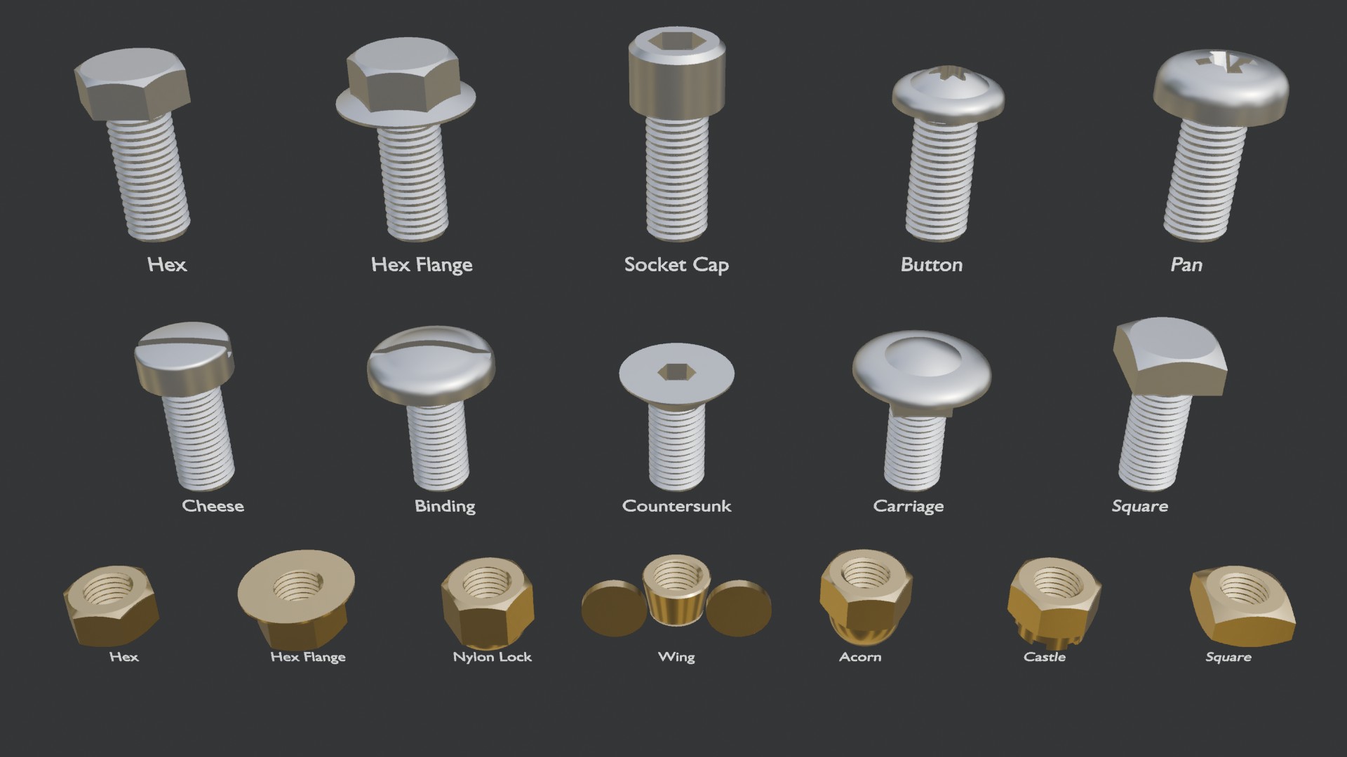 MechFlow screw heads and nuts